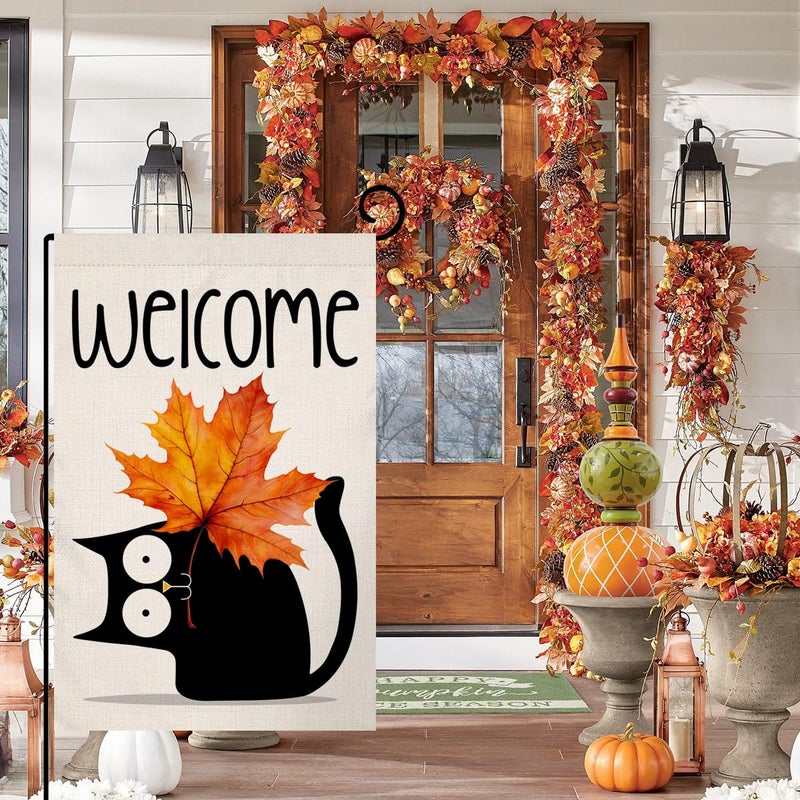 BLKWHT Fall Cat Garden Flag 12x18 Vertical Double Sided Welcome Maple Leaf Autumn Thanksgiving Holiday Outside Decorations Burlap Yard Flag BW689 - Image 3